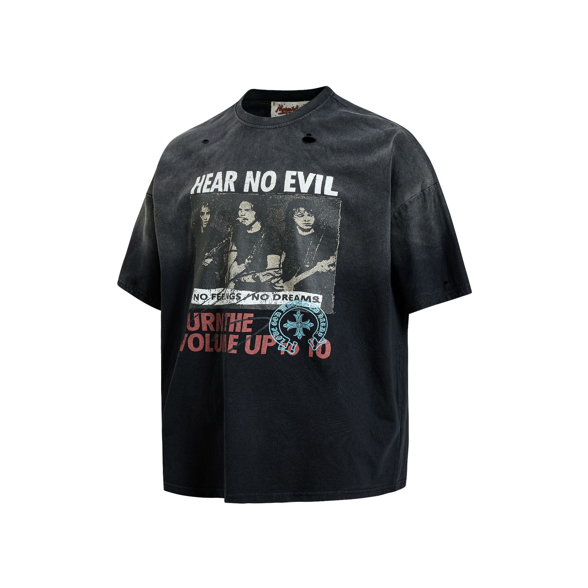 Washed Damage Portrait Print Short Sleeve T-Shirt