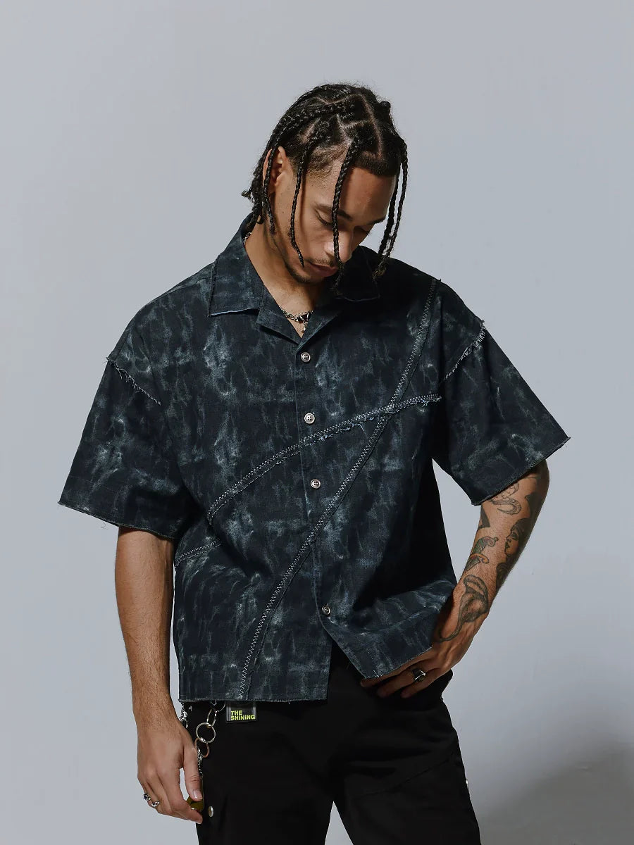 Ink Print Patchwork Spread-Collar Short Sleeve Shirt