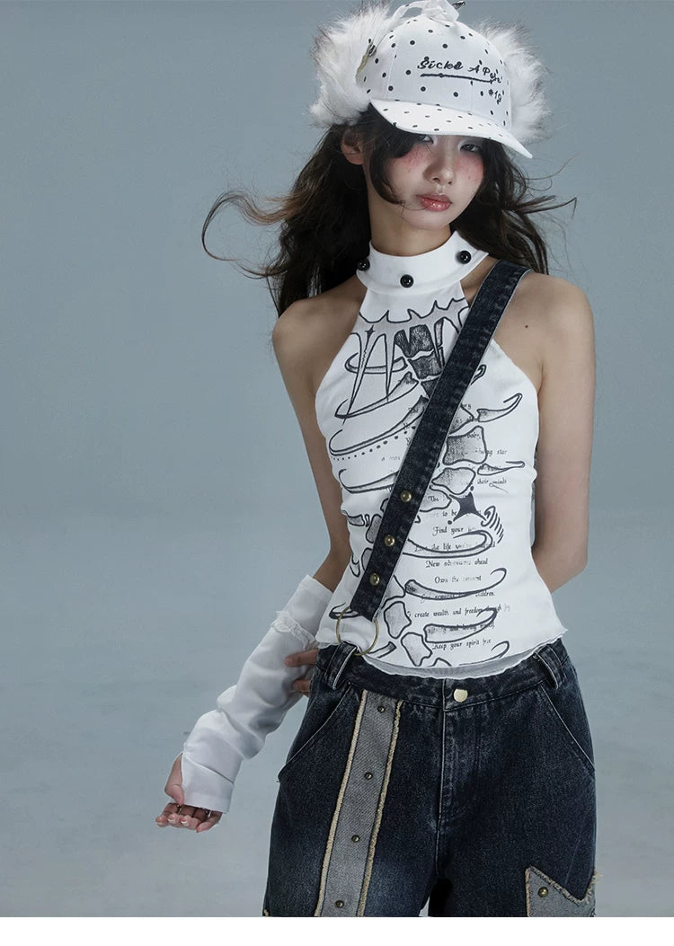 Print Halter Neck Slimming Tank Top