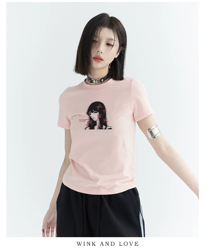 Girl Print Slim Fit Sleeve T-Shirt