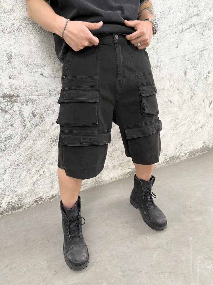 Waxed Washed Three-Dimensional Pocket Cargo Short Pants