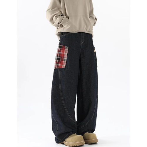 Pantalones vaqueros holgados tipo nabo con diseño patchwork de cuadros de cimitarra. - S / Red de cuadrícula