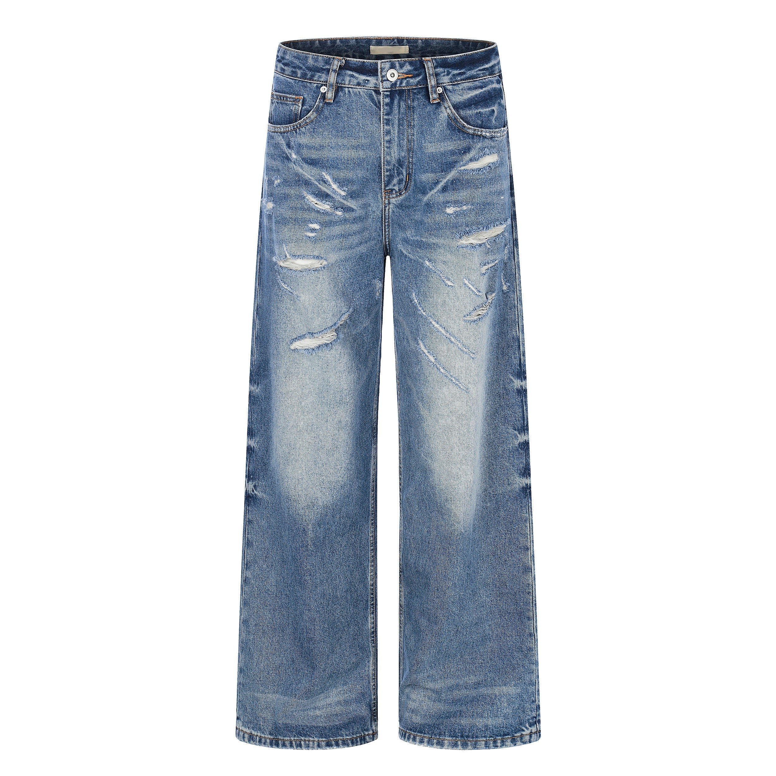 Washed Damage Fade Straight Denim Jeans
