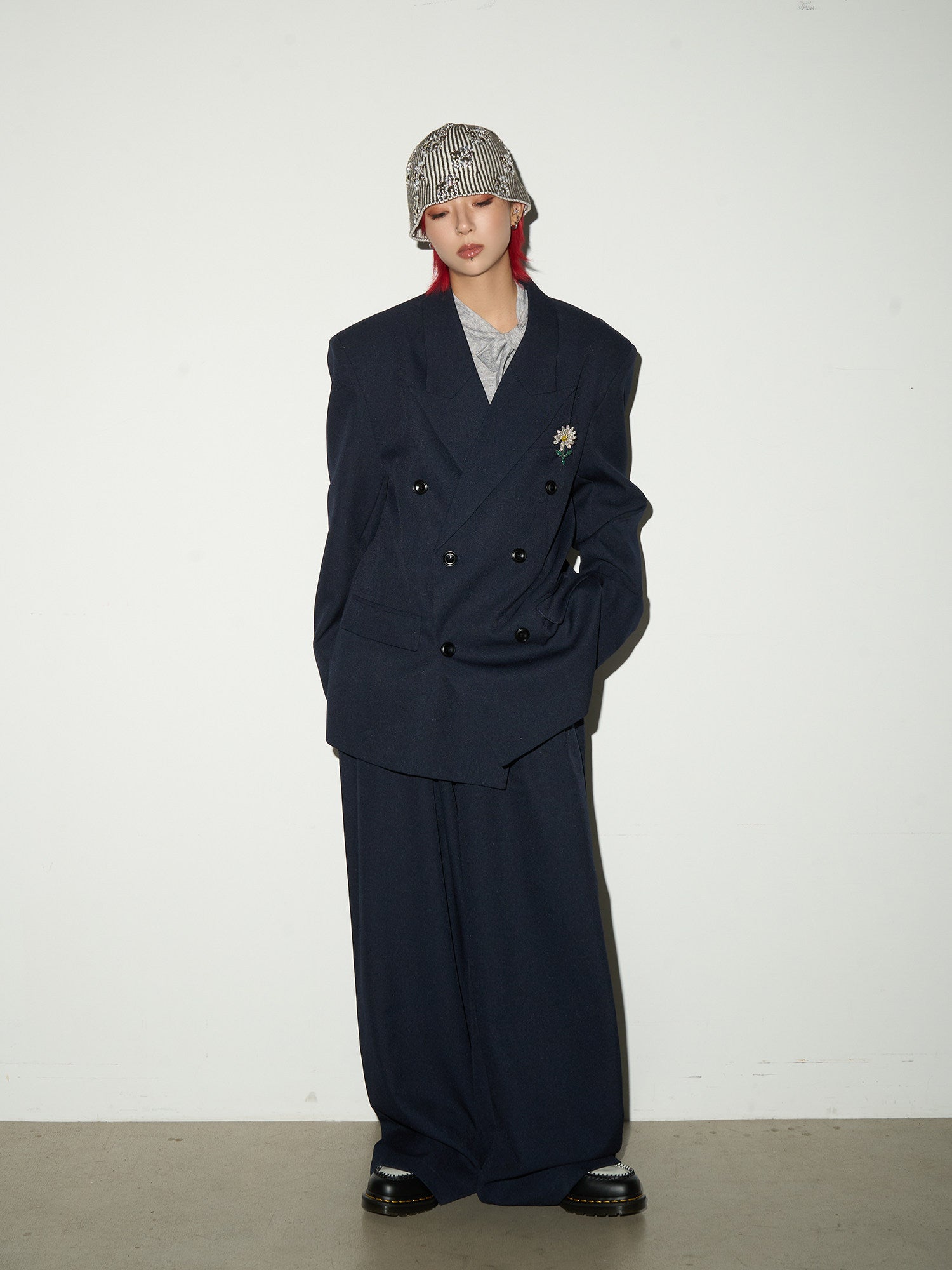 Daisy Brooch Double-Breasted Tailored Jacket & Straight Trousers Setup