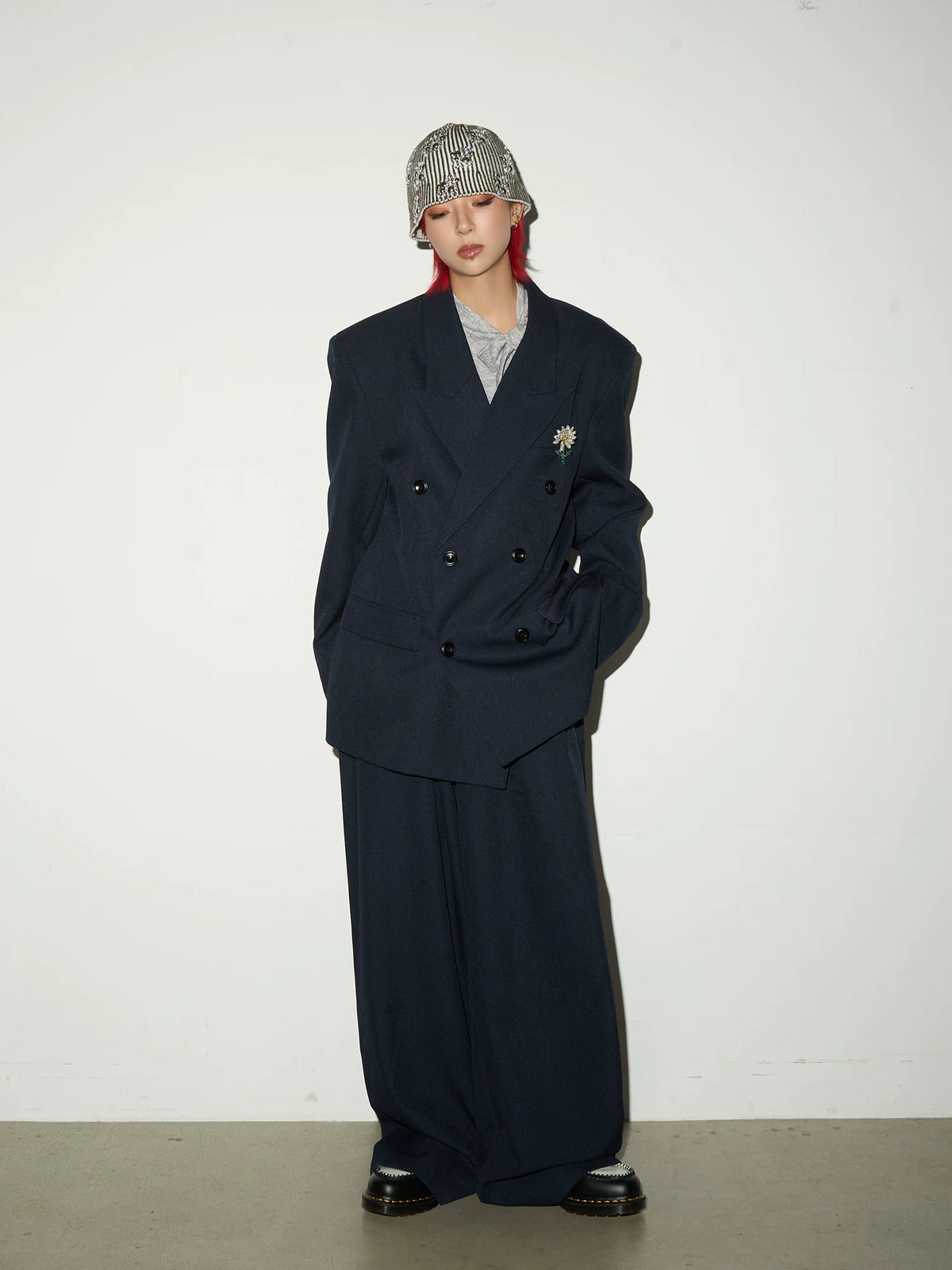 Daisy Brooch Double-Breasted Tailored Jacket & Straight Trousers Setup