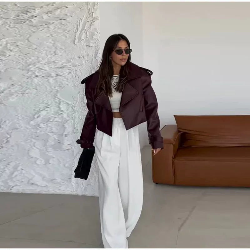 Vintage Damen-Lederjacke mit langen Ärmeln und Schnürung