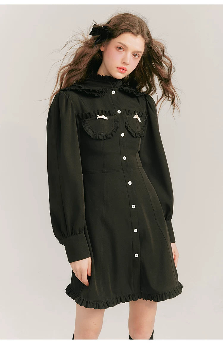 Double Neck Long Sleeve Shirt Dress