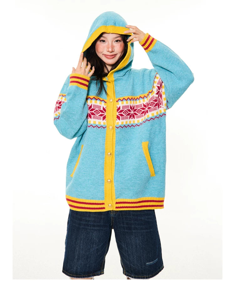 Contrast Pattern Hooded Knit Cardigan