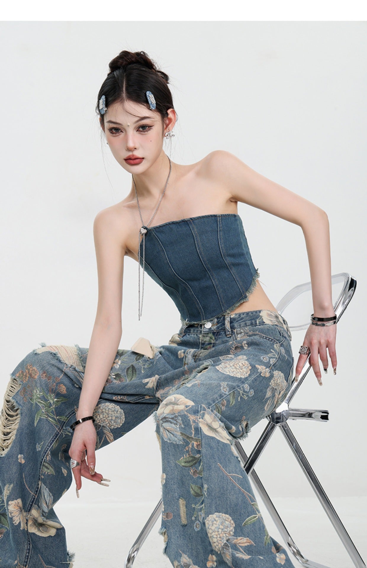 Jean large déchiré à imprimé vintage