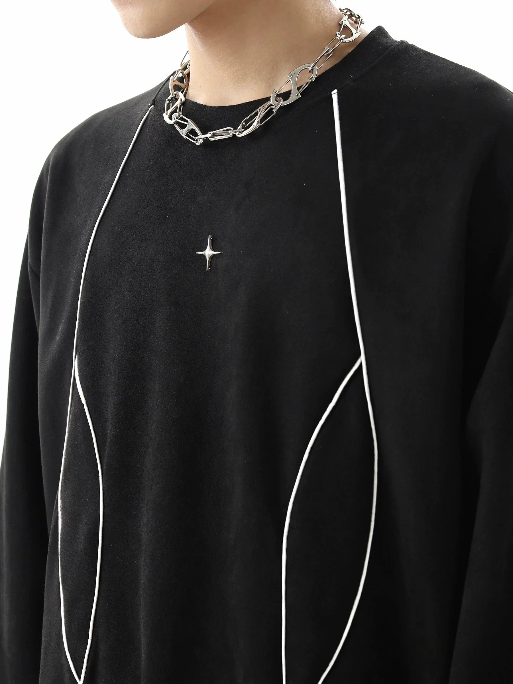 Reflective Stripe Suede Round Neck Sweatshirt