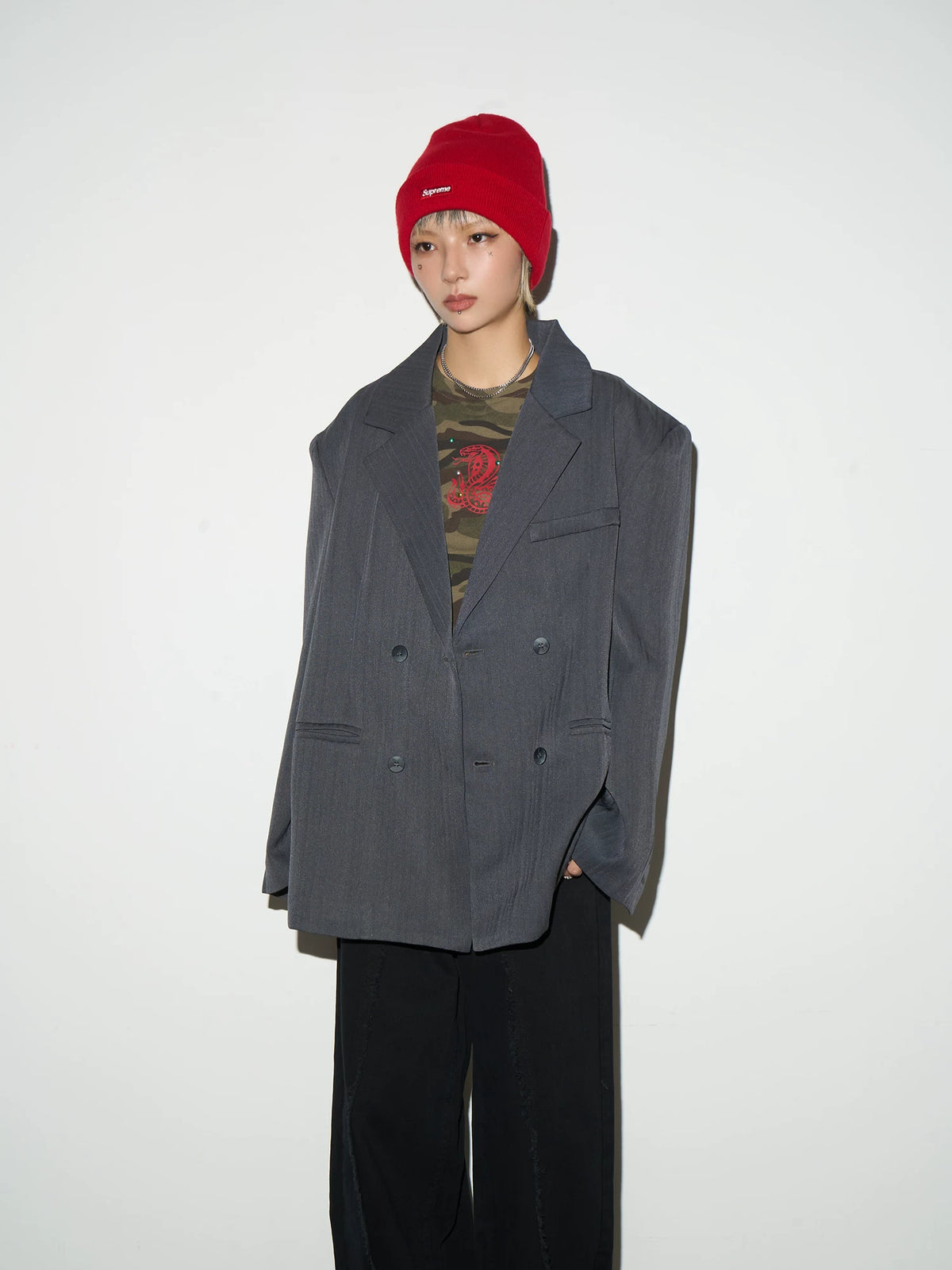 Shoulder-Pad Draped Tailored Jacket & Trousers Setup
