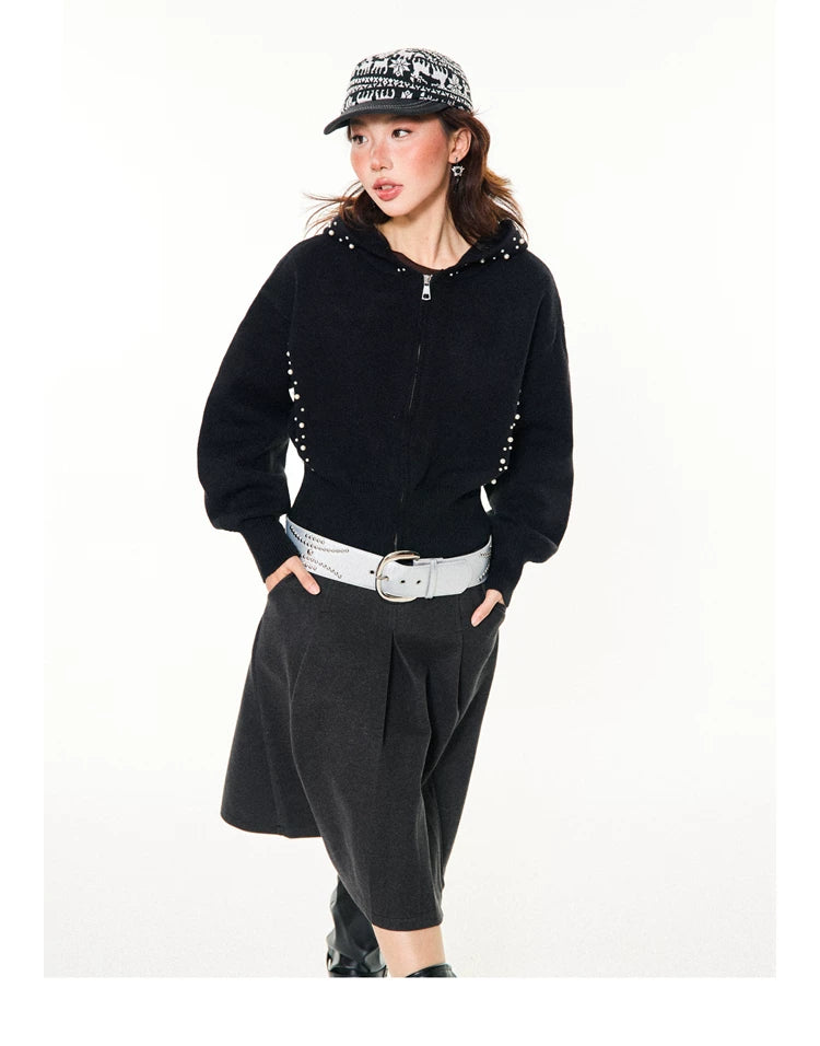Pearl Embroidery Cropped Zipper Hoodie