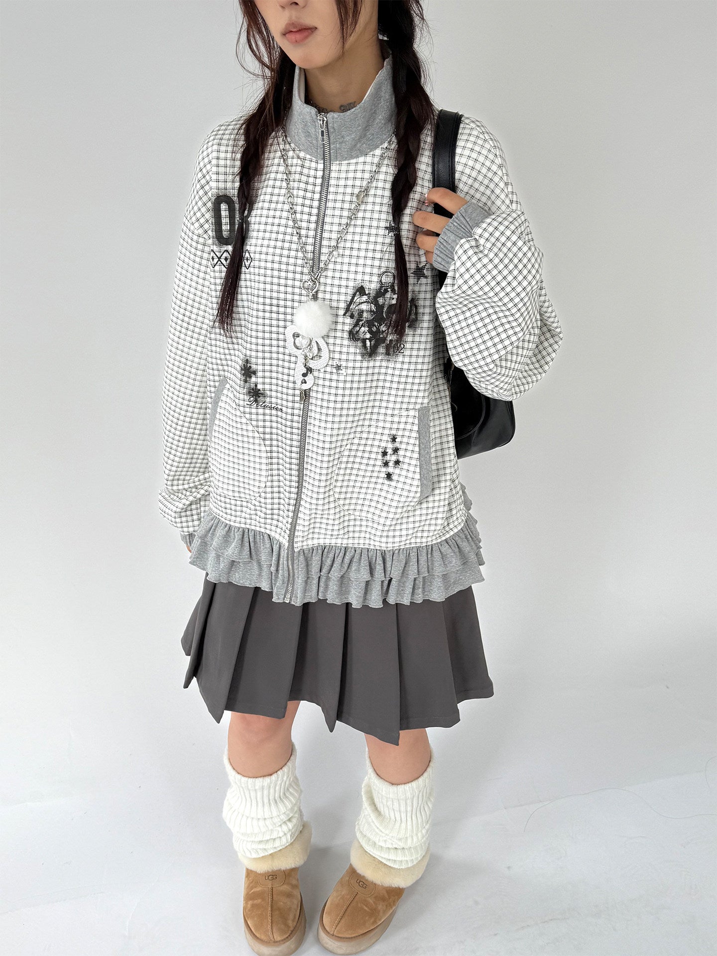 Checkered Ruffle Hem Oversize Zipper Hoodie