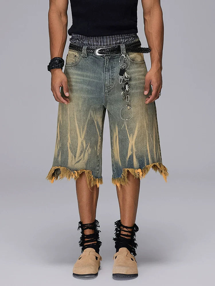 Washed Mud Dye Brush Finish Wide Leg Denim Short