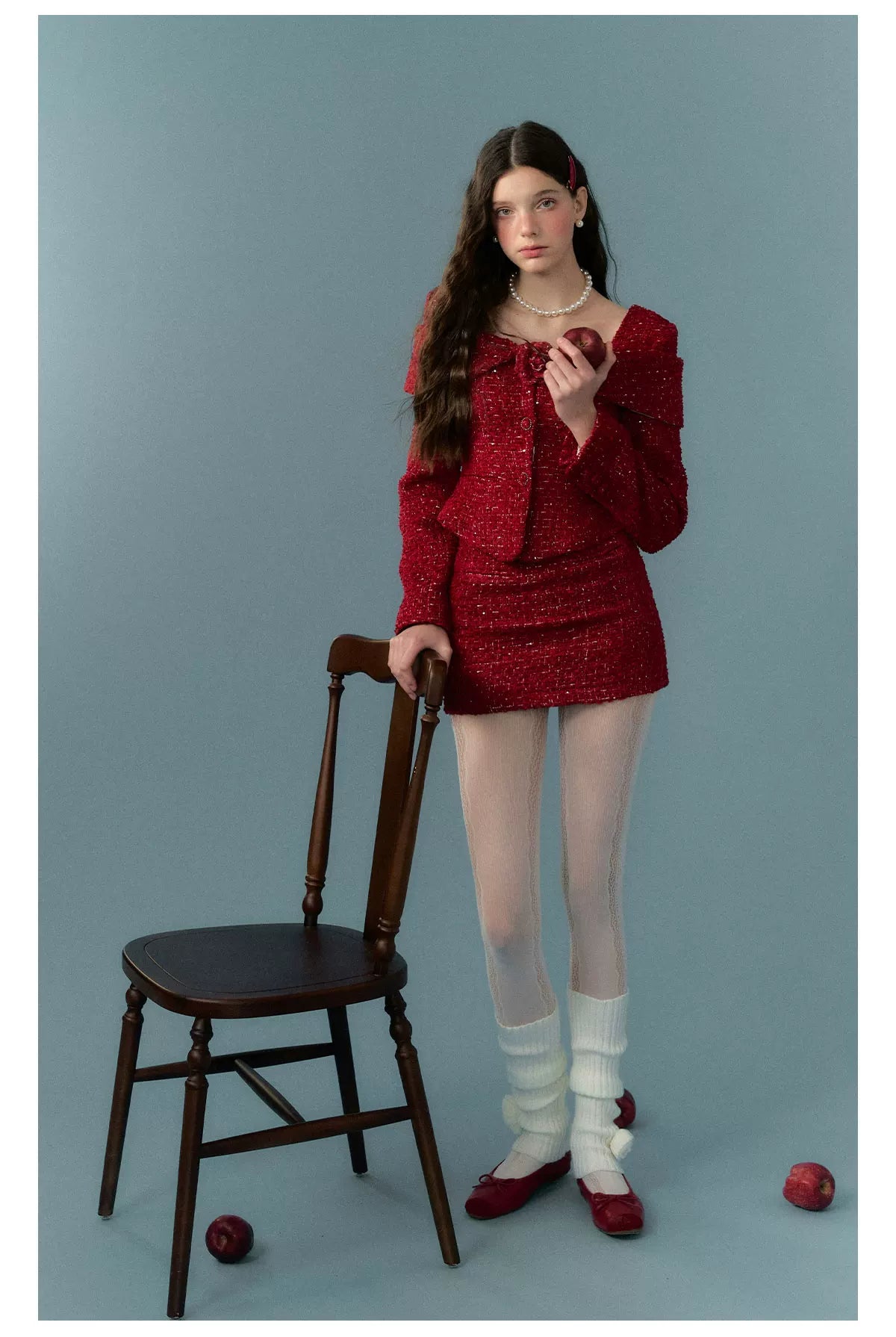 Short Tweed Jacket & Tweed Short Skirt & Tweed Fishtail Long Skirt & Fur Scarf Setup