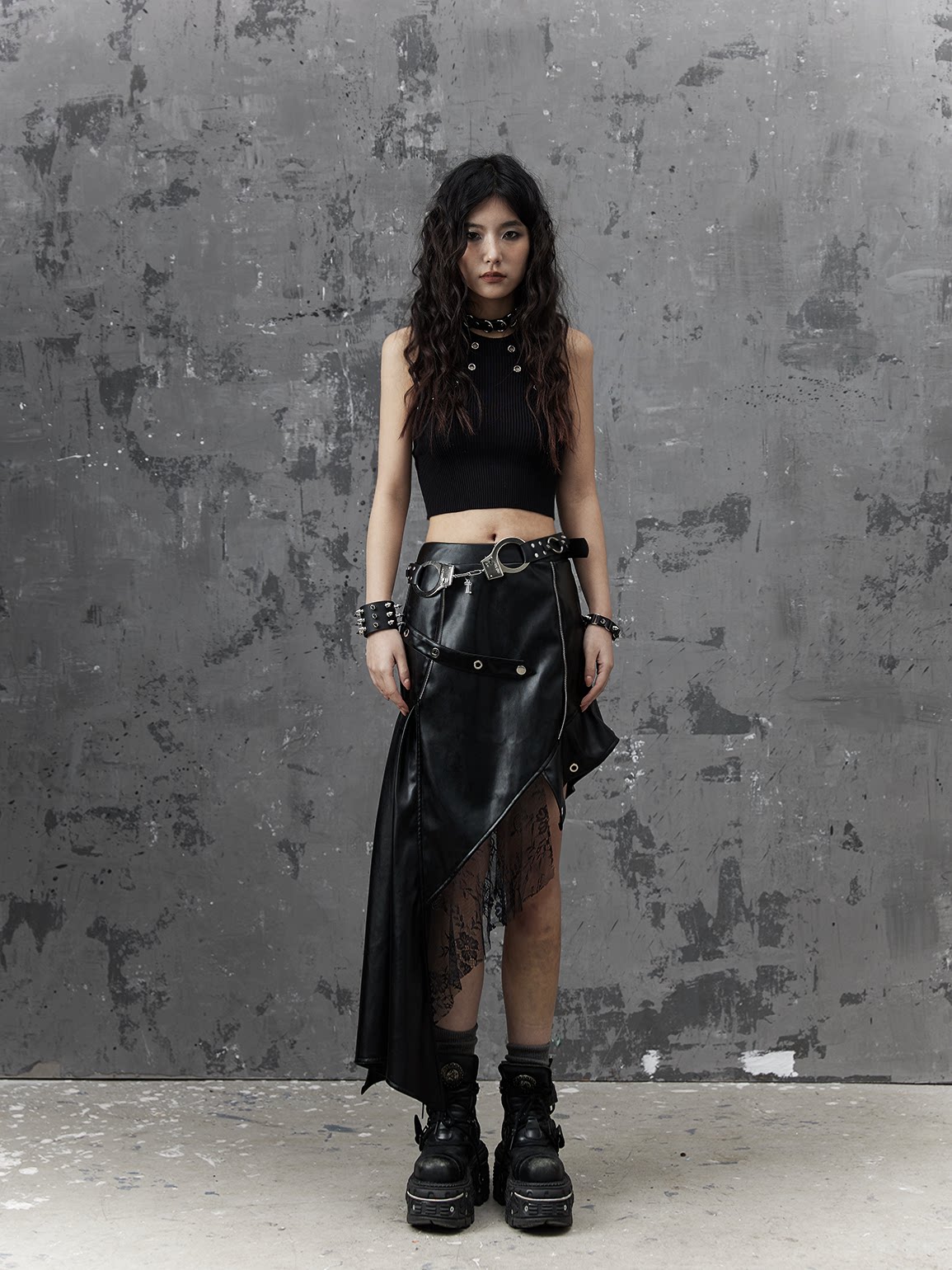 Asymmetric PU Leather Mesh Patchwork Skirt