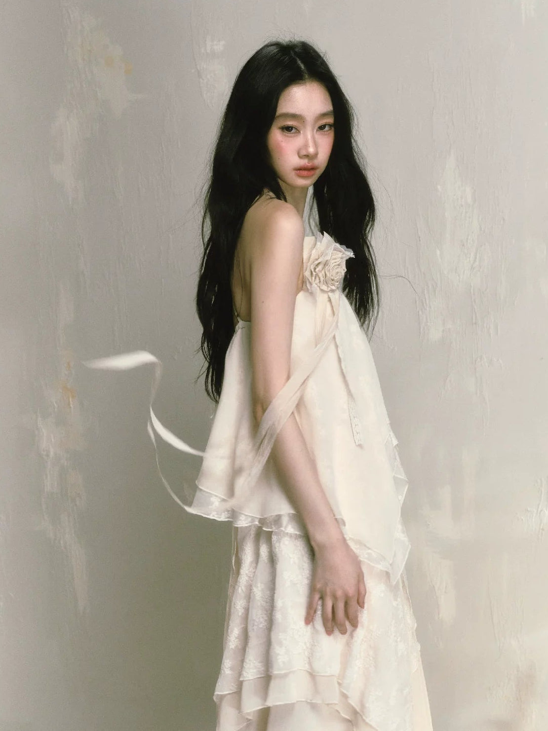 With Brooch Irregular Camisole Dress & Long Sleeve Shirt Setup
