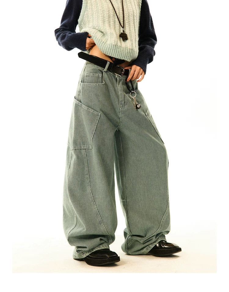 Stripe Pattern Wide Leg Denim Jeans