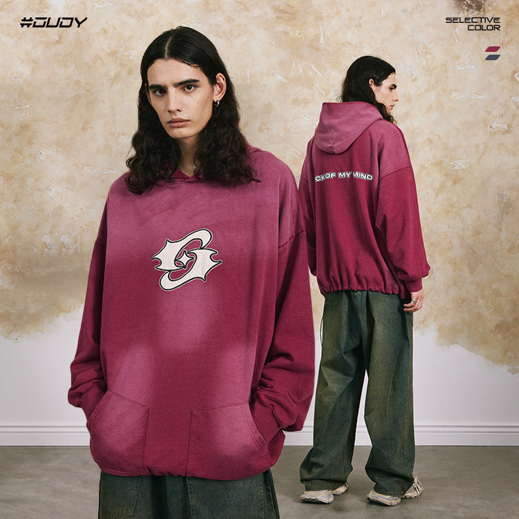 Fleece Linning Embroidery Drawstring Hem Pullover Hoodie