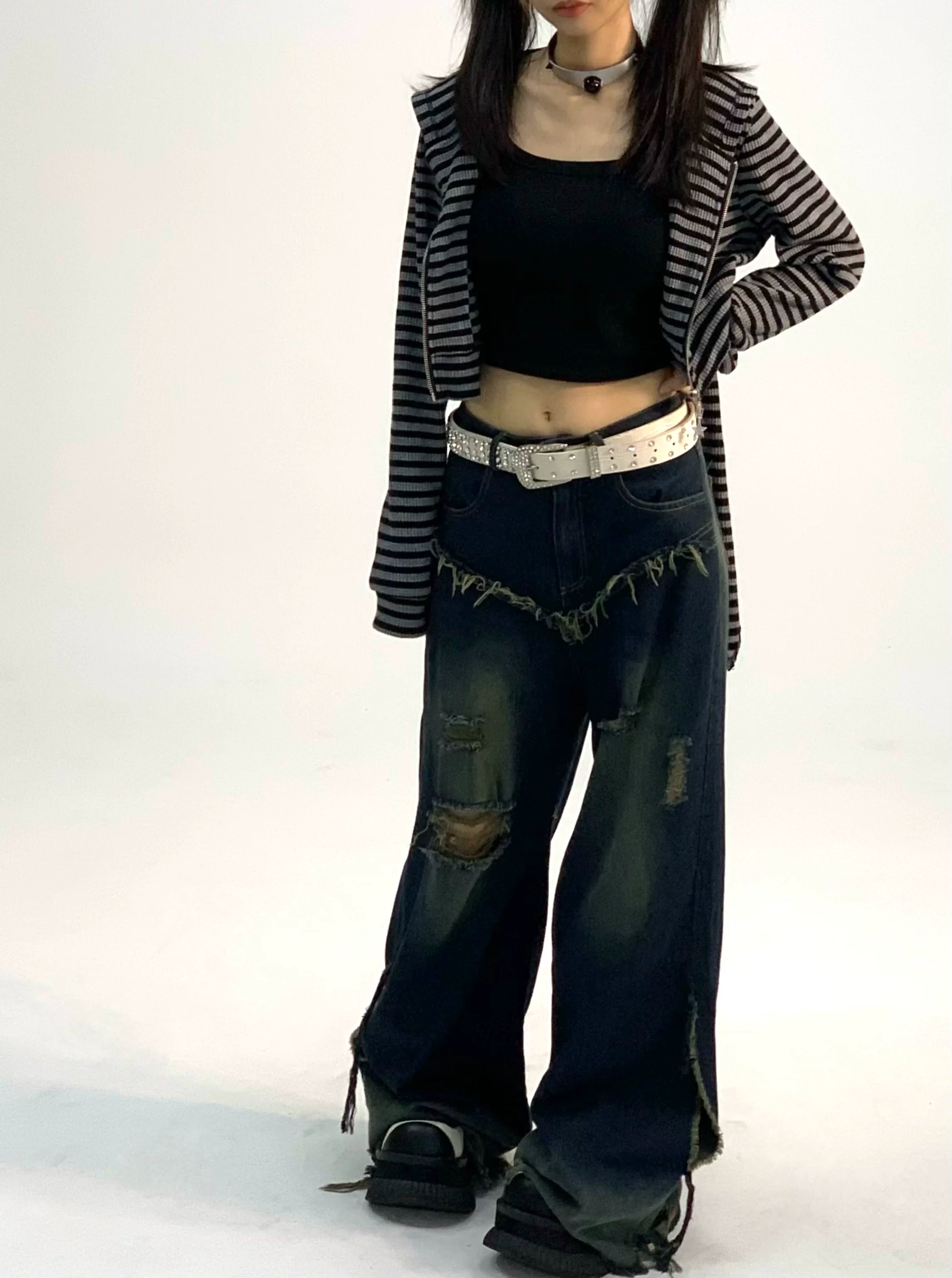Washed Damage Fray Panel Wide Leg Denim Jeans