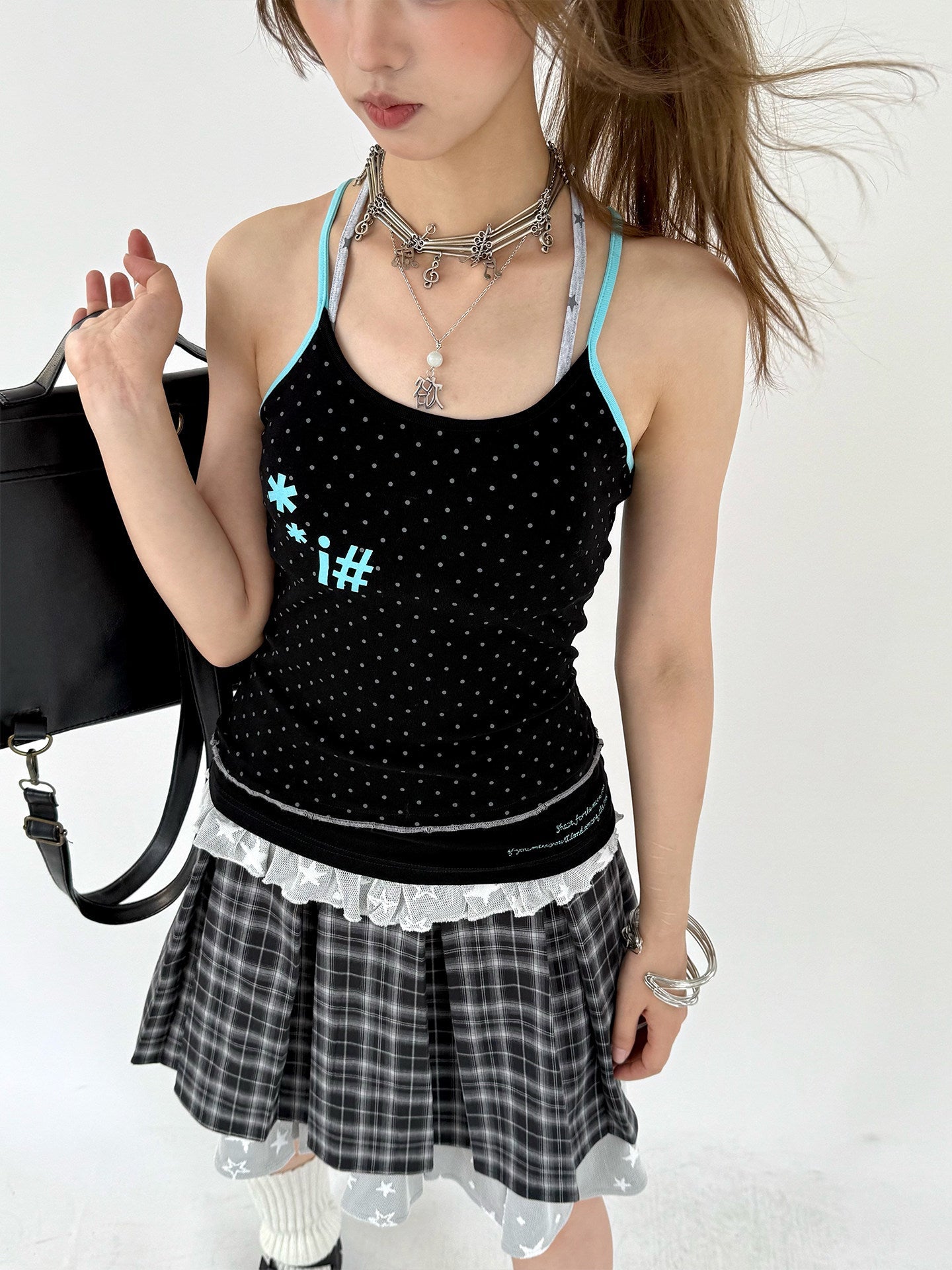Plaid Lace Layered Star A-Line Short Skirt