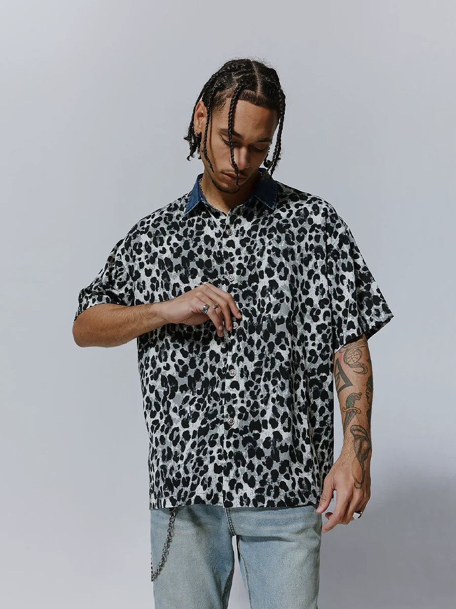 Leopard Print Spread-Collar Short Sleeve Shirt