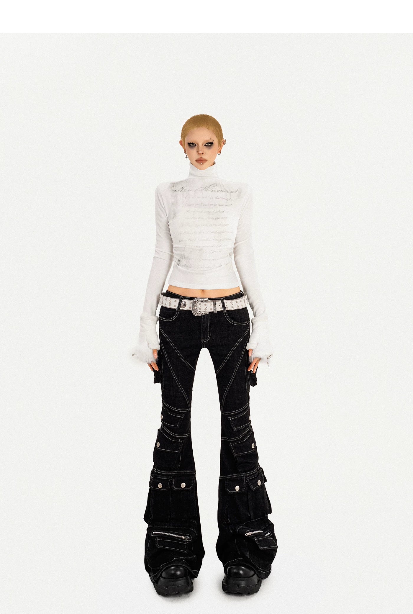 Utility Multi-Pocket Flare Cargo Denim Jeans
