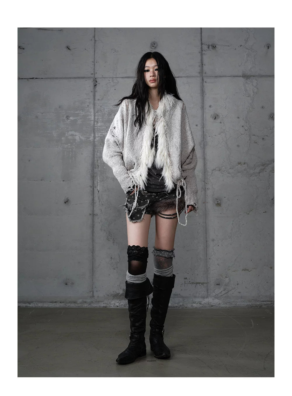 Fake Fur Trim Drawstring Oversize Knit Cardigan