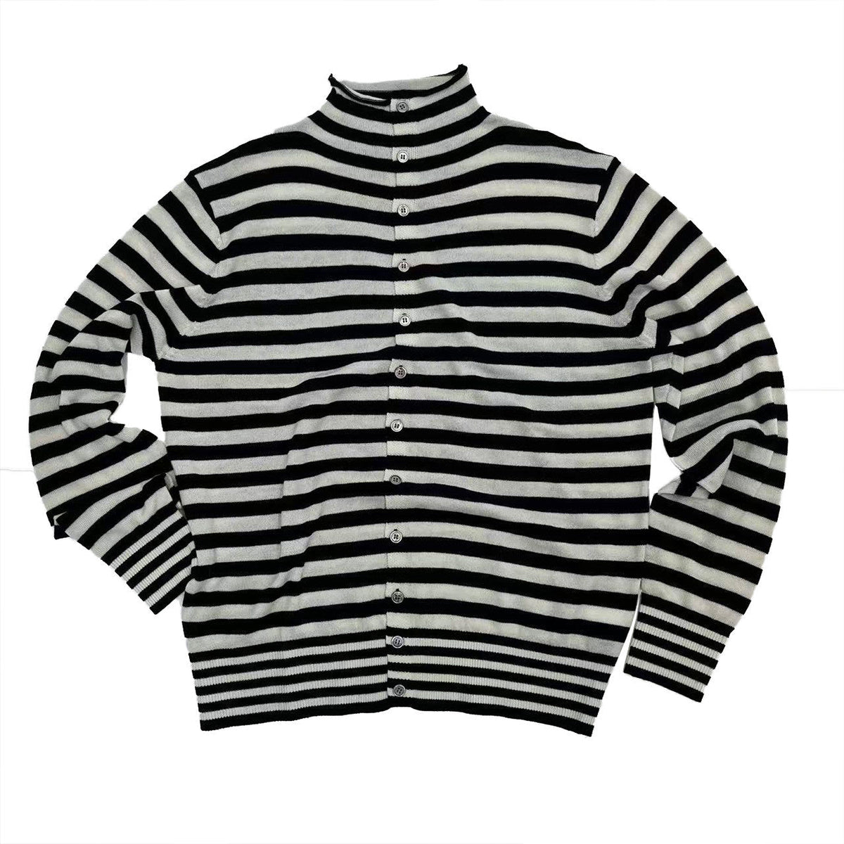 Contrast Stripe Wool Knit High-Neck Cardigan