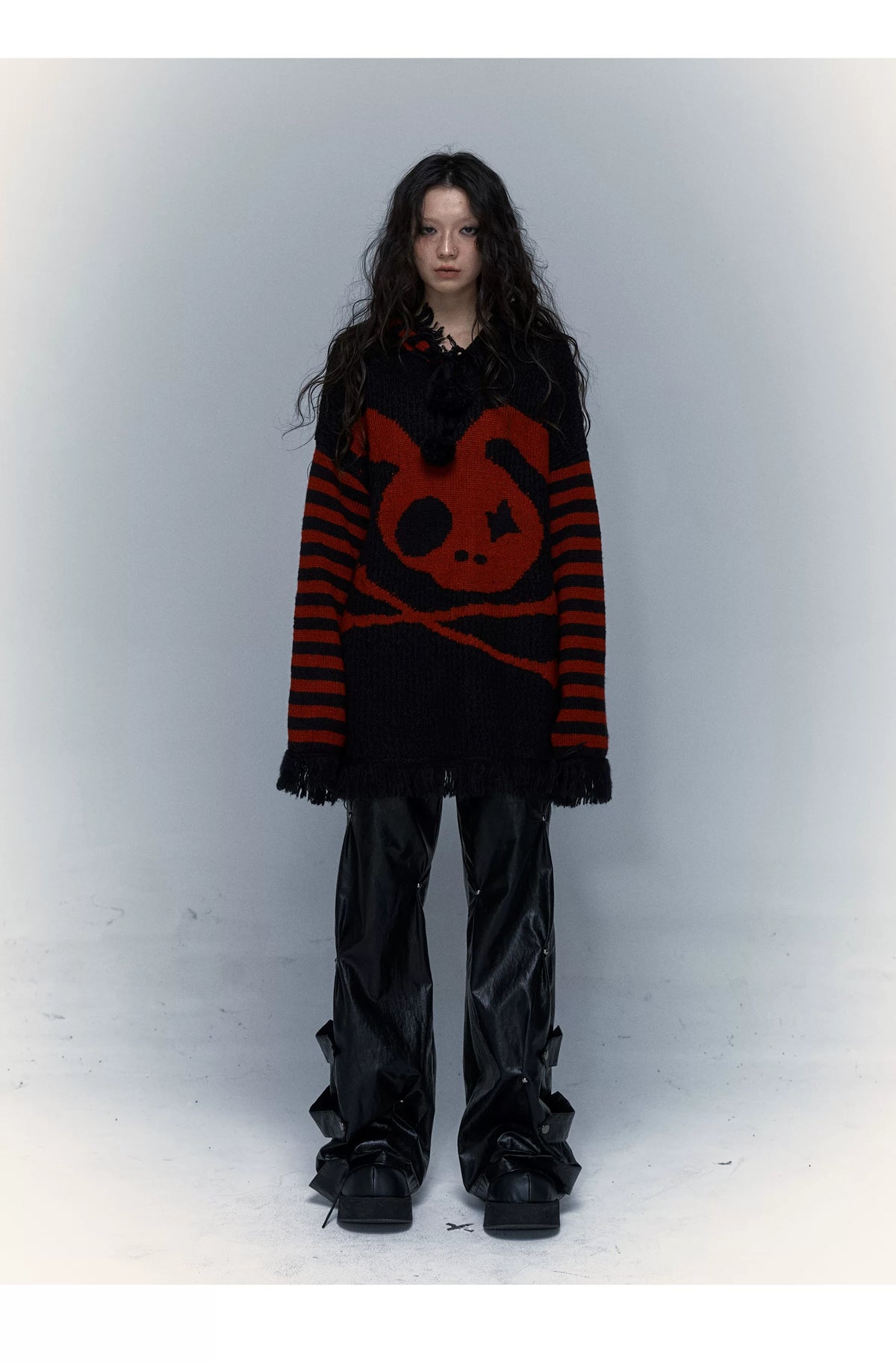 Skull Print Stripe Oversize Knit Hoodie