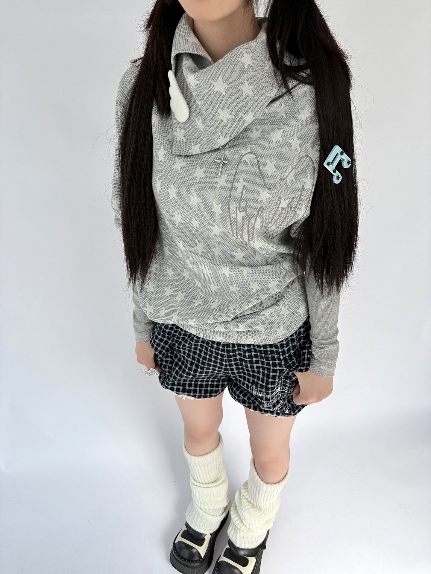 Star Print Asymmetrical High-Neck Long Sleeve T-Shirt