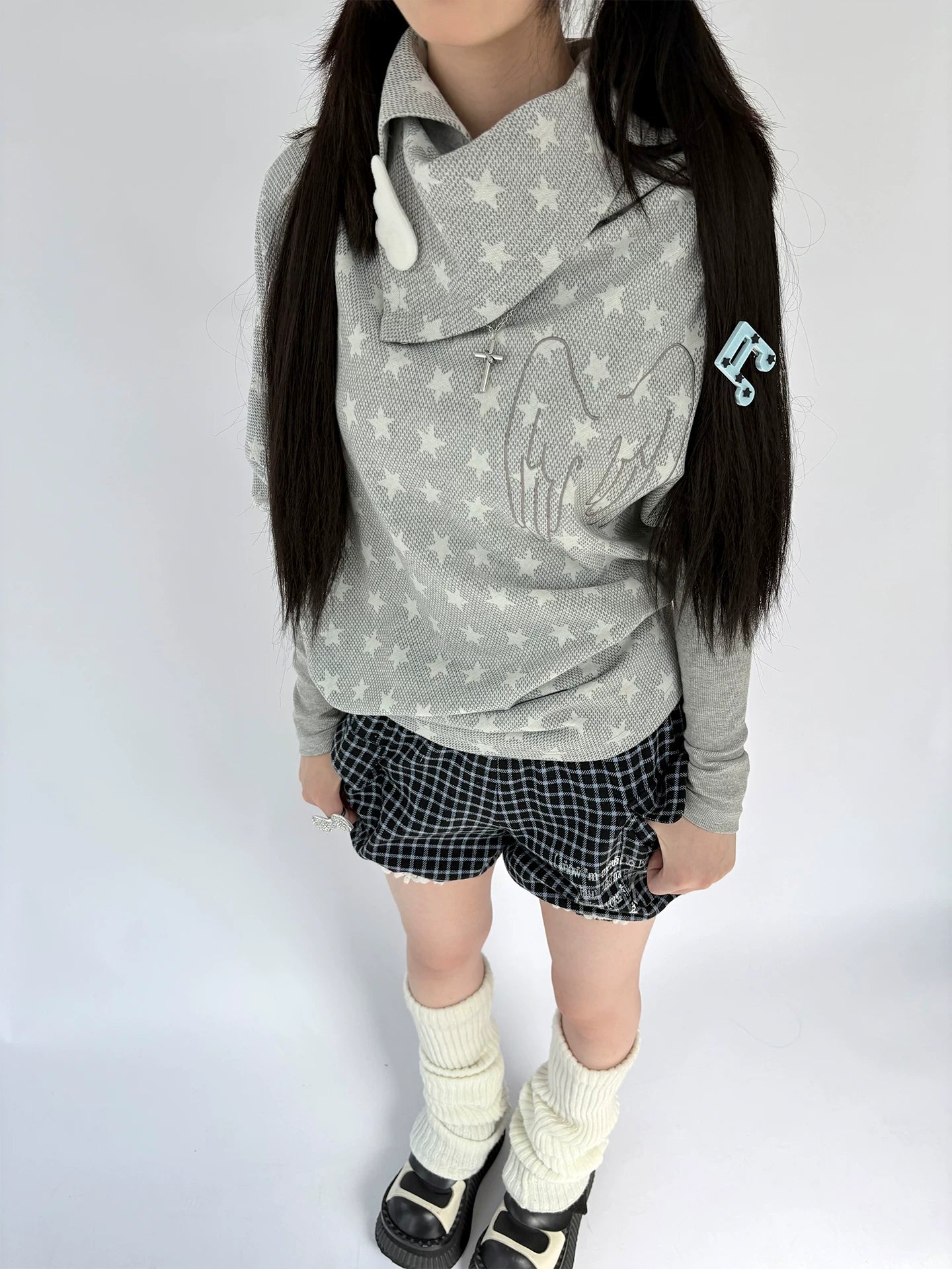Star Print Asymmetrical High-Neck Long Sleeve T-Shirt
