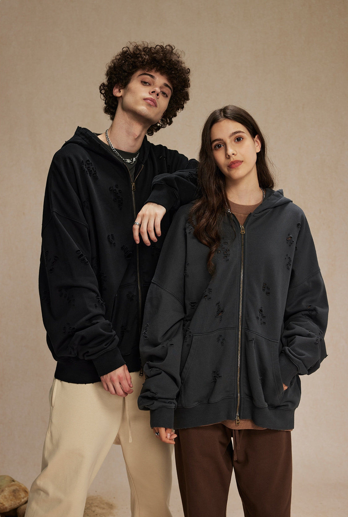 Oversize Damage Double Zipper Hoodie