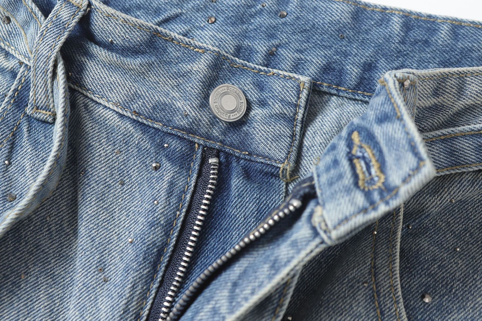 Rhinestone Drawstring Wide Leg Denim Jeans