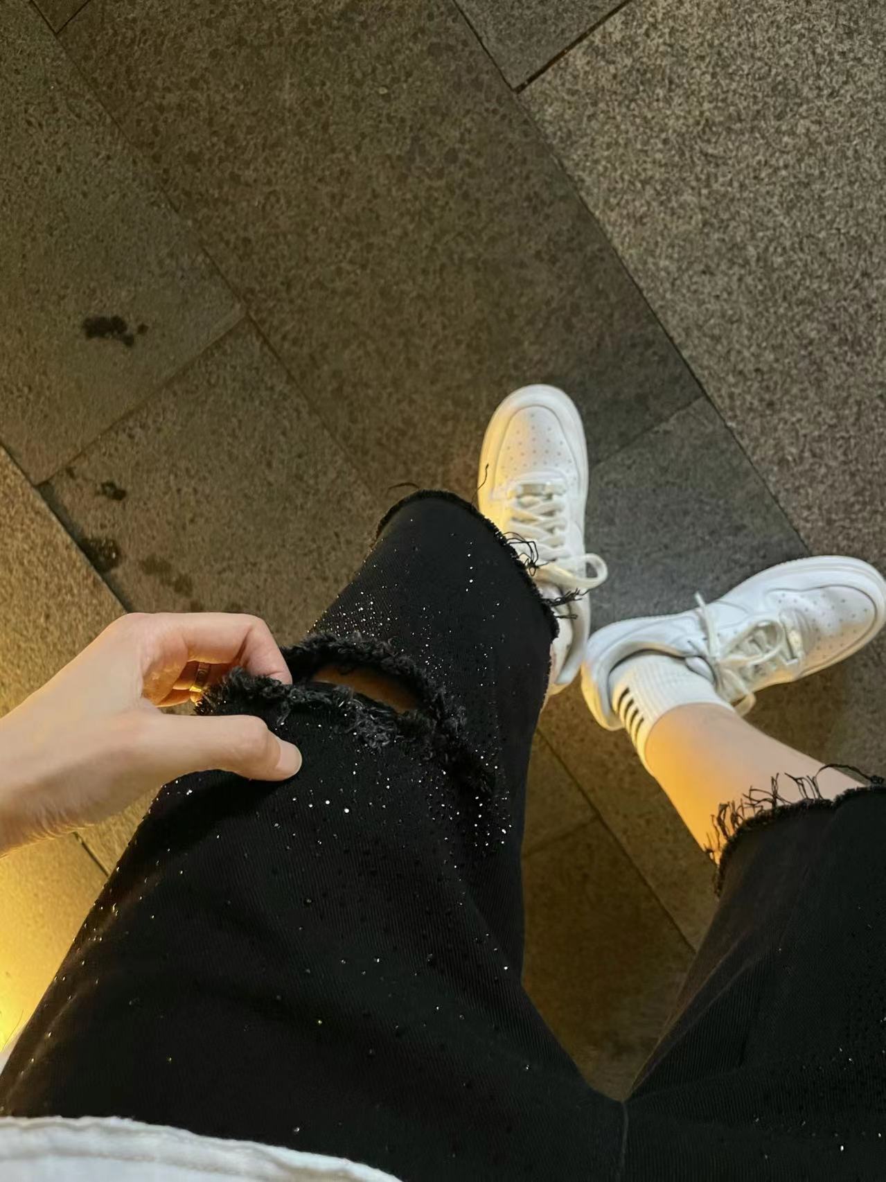 Rhinestone Damage Denim Half Jeans
