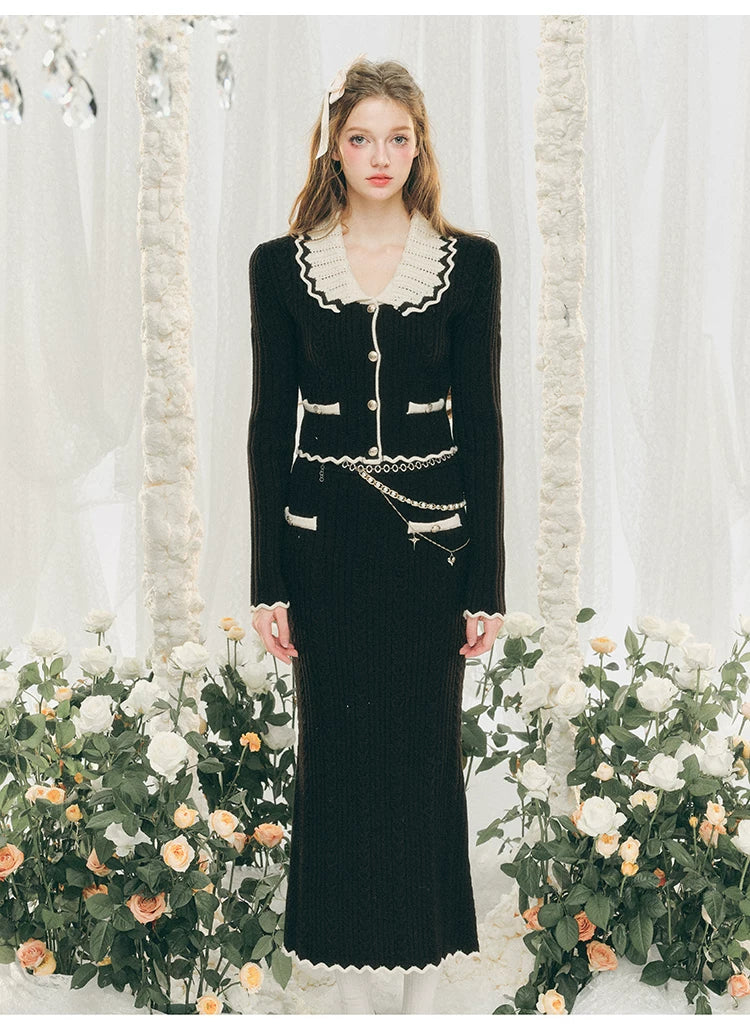 Ensemble cardigan en tricot à grand col et jupe moulante