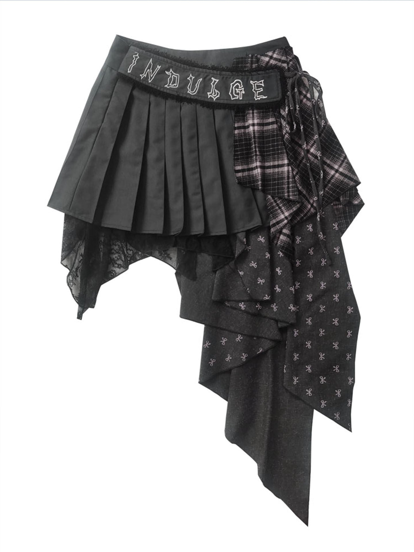 Plaid Patchwork Asymmetric Embroidery Skirt