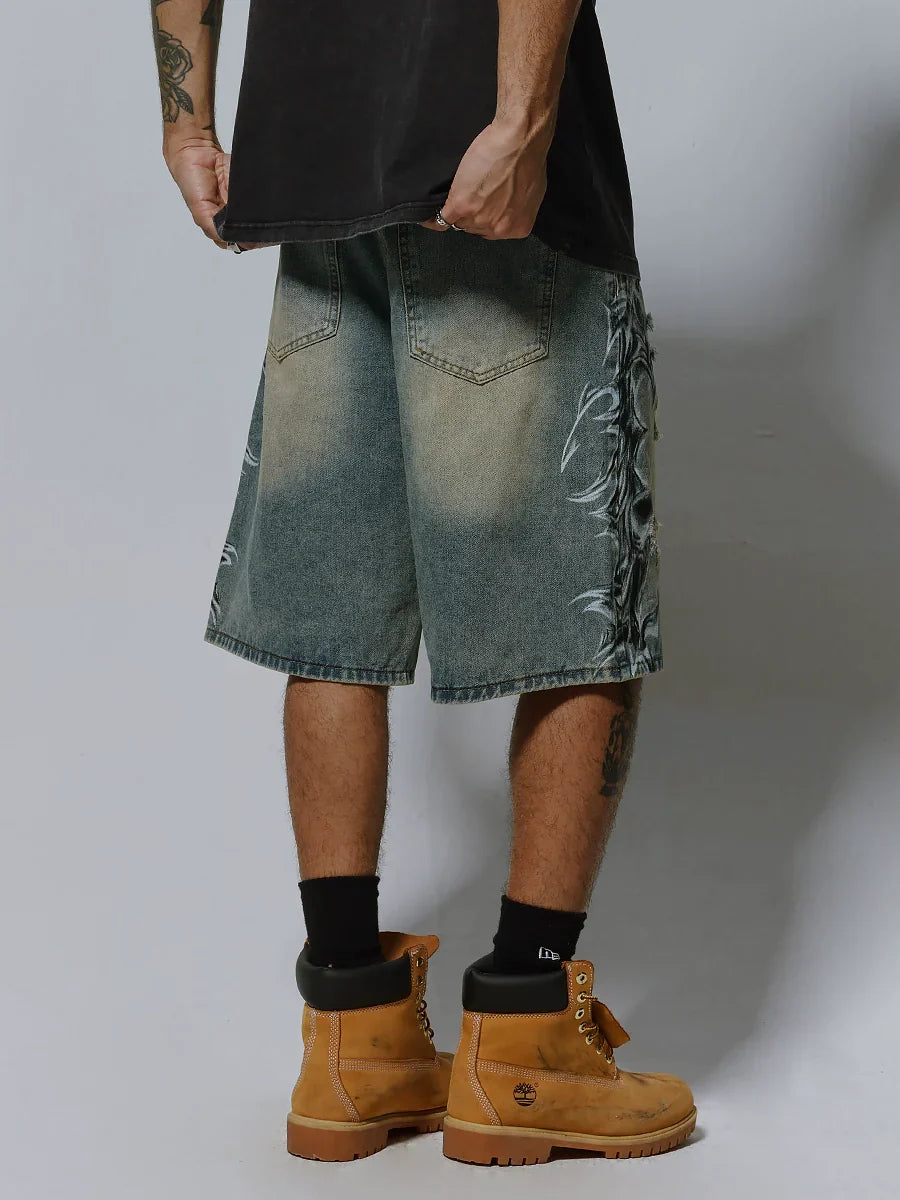 Spray Print Washed Wide Leg Denim Short Pants