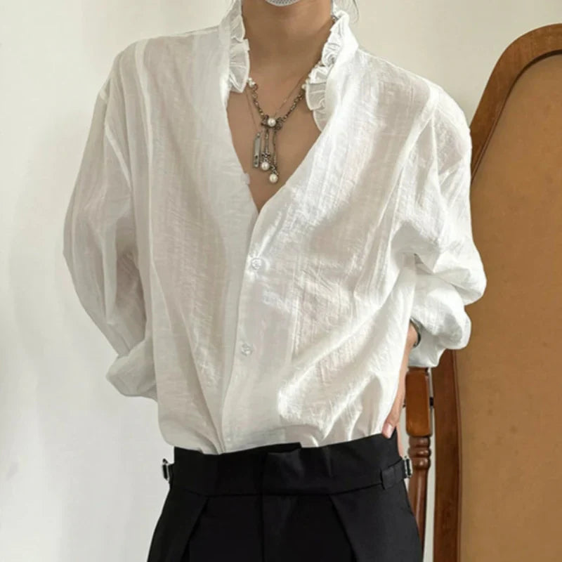 Pleats Lace V-Neck Elegant Long Sleeve Shirt