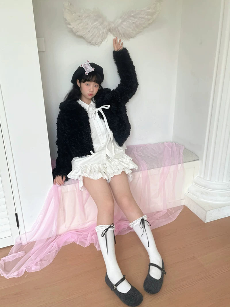 Fake Fur Bow Tie Plush Jacket