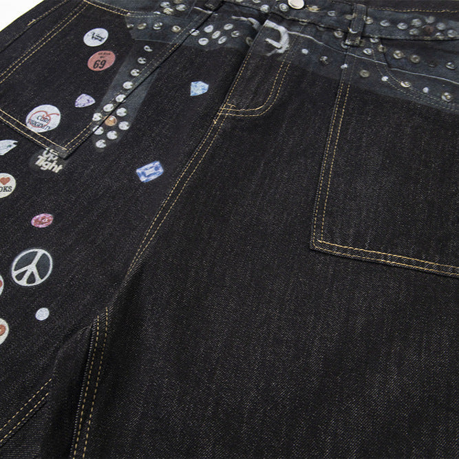 Badge Belt Print Wide Leg Half Denim Jeans