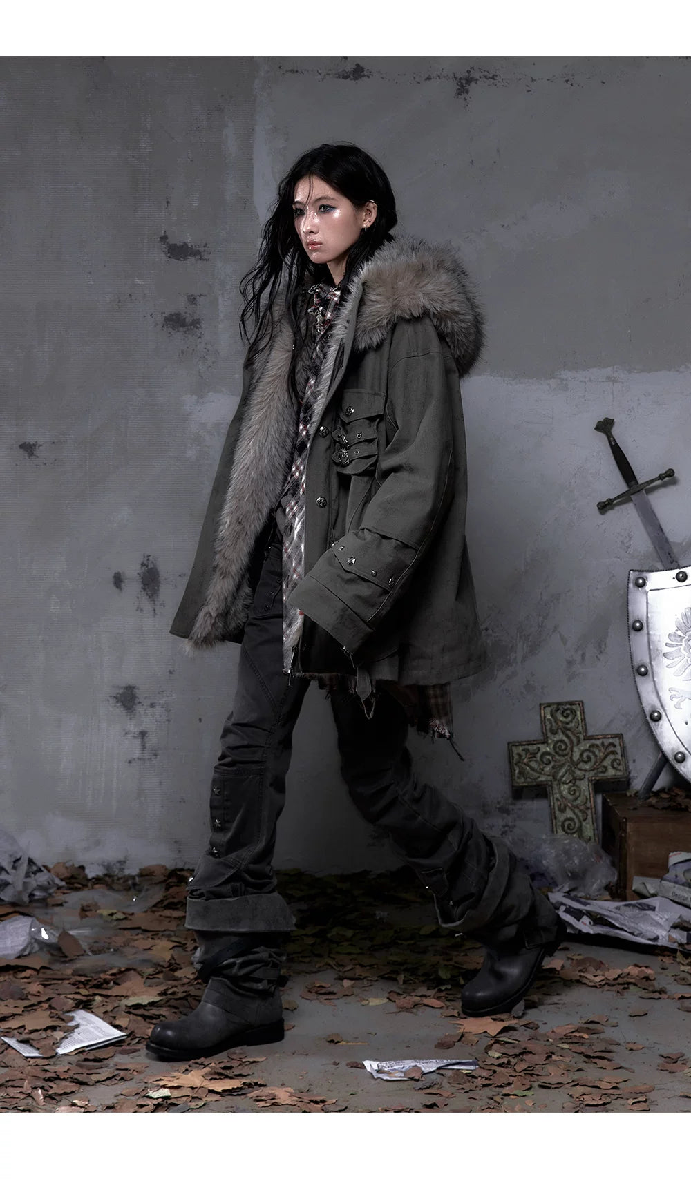 Fake Fur Hooded Multi-Pocket Buckle Detail Jacket