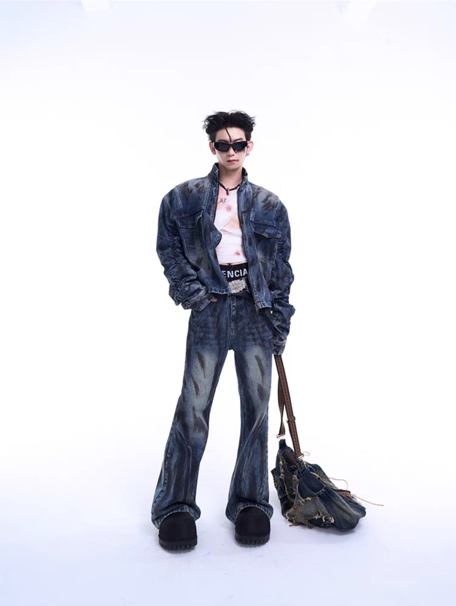 Wrinkles Sleeve Stand Neck Denim Jacket & Micro Flare Denim Jeans Setup