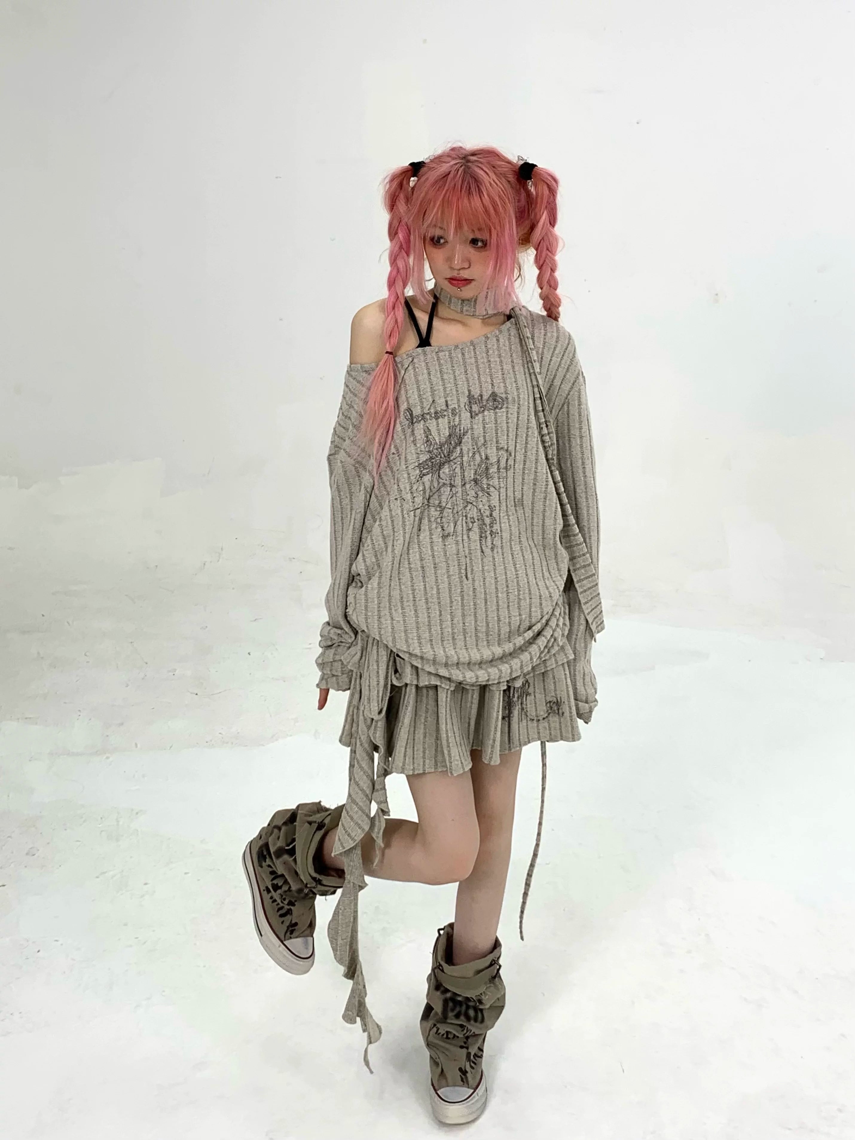 Ribbed Letter Print Strap Detail Oversize Knit Sweater