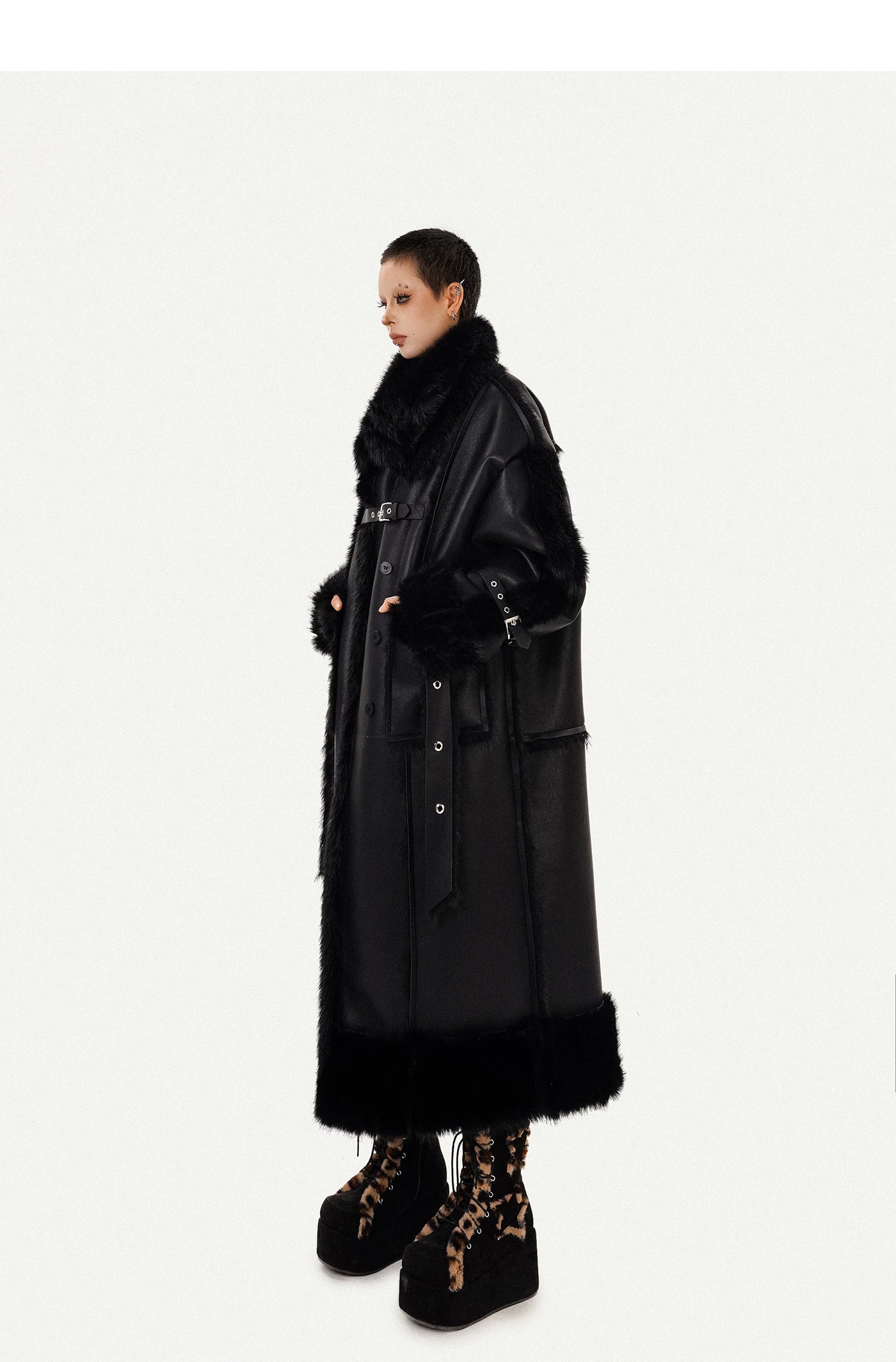 PU Leather Fake Fur Stand Neck Coat