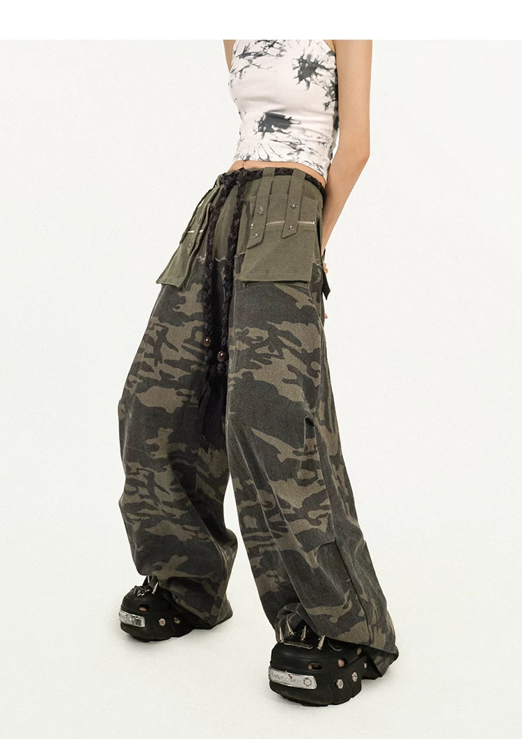 Heavy Craft Camouflage Multi-Pocket Wide Leg Cargo Pants