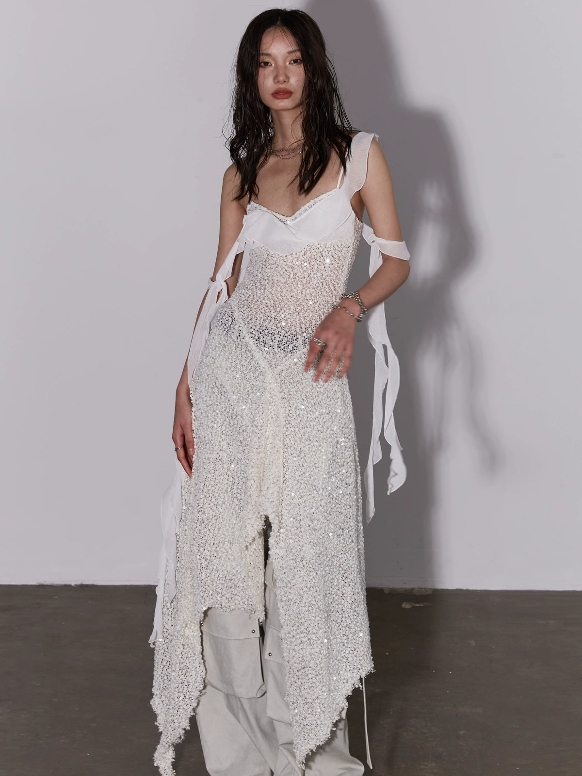See Through Knit Glitter Strap Shoulder Dress
