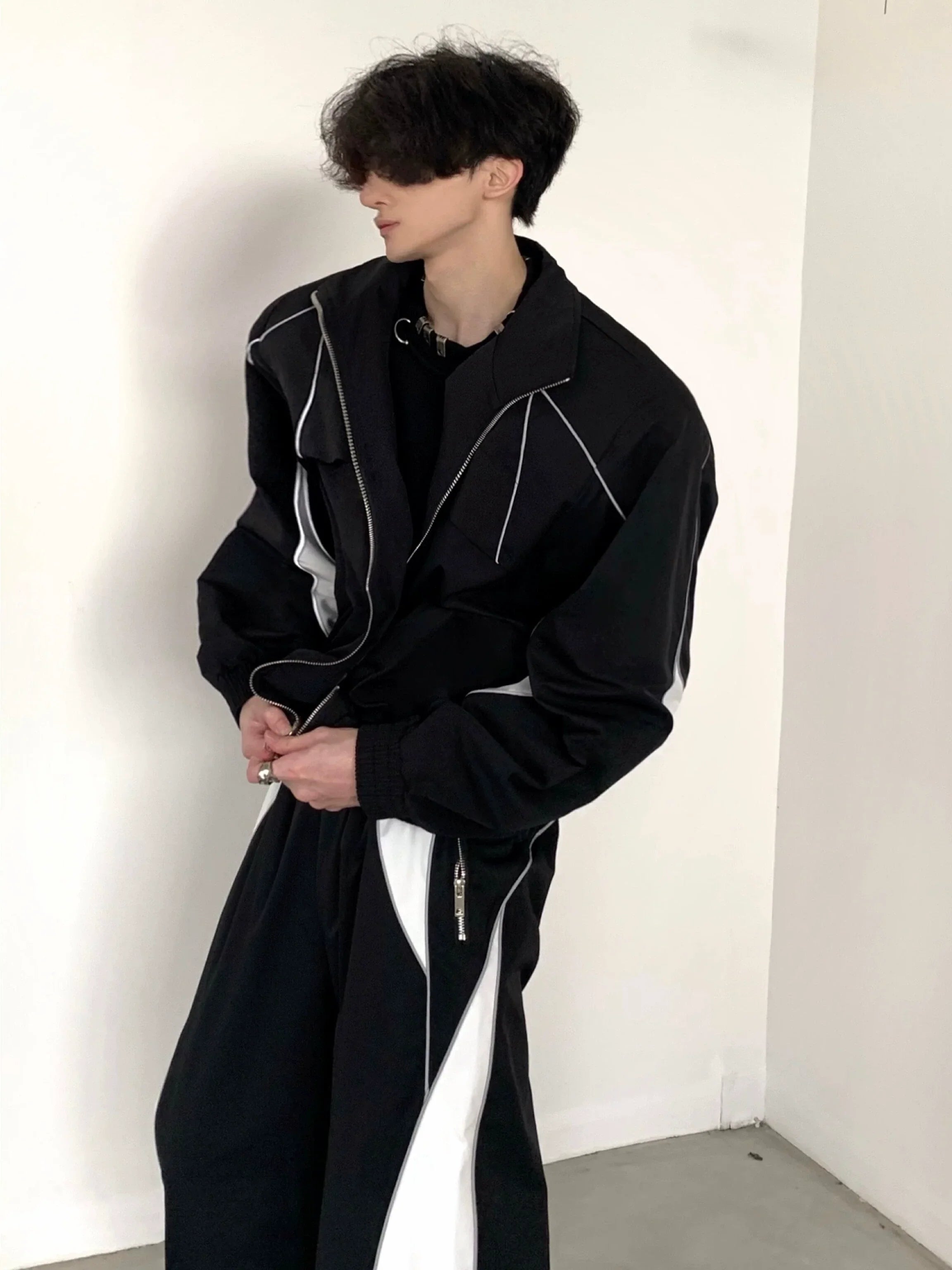 Zipper Shoulder Pad Sporty Jacket & Wide-Leg Pants Setup