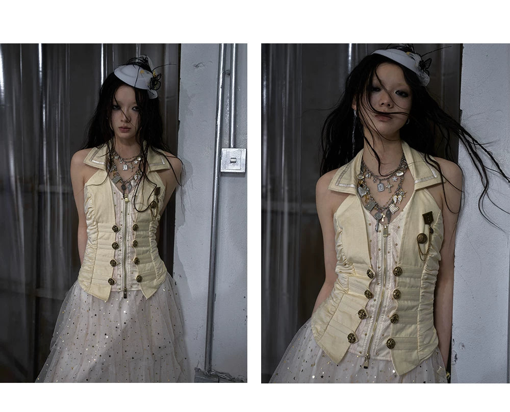 V-Neck Fake Layered Waist-Fit Tank Top