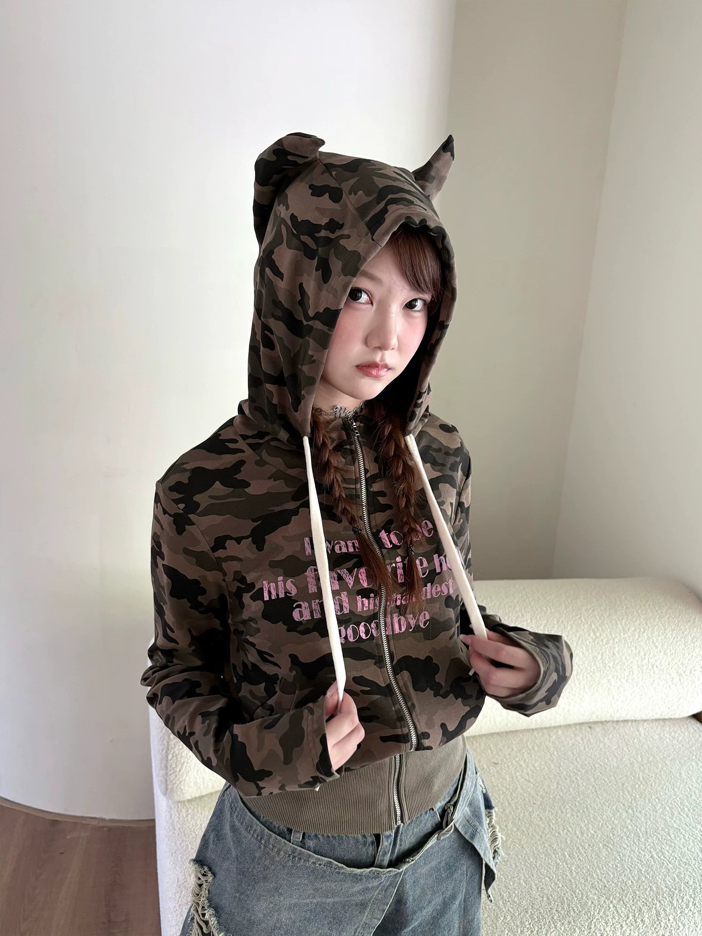 Devil Horn Hooded Print Zipper Hoodie
